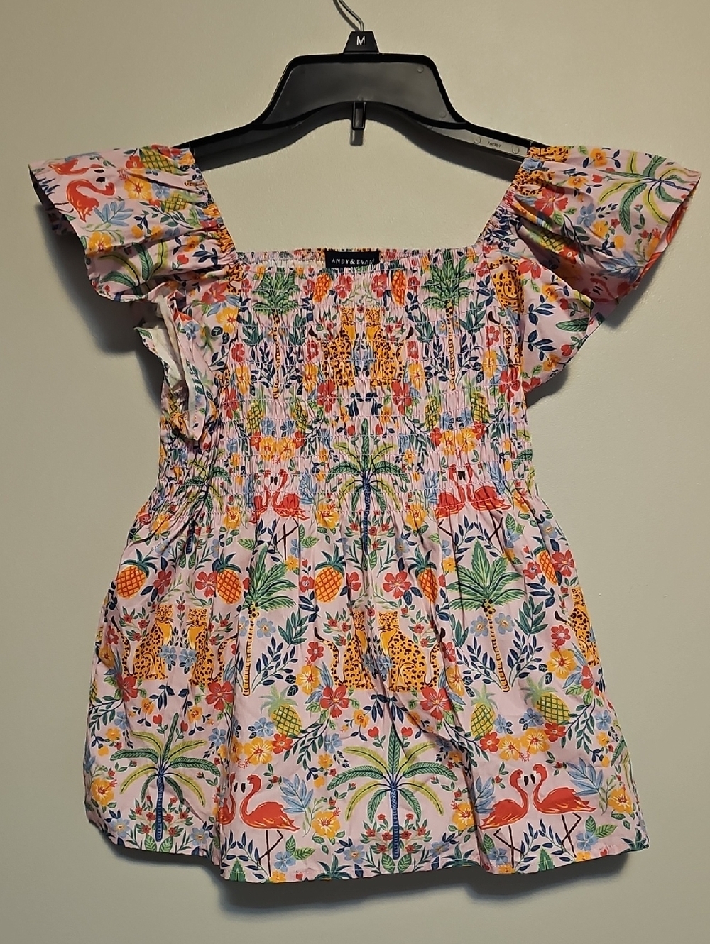 Andy & Evan Pink Tropical Smocked Top w Multicolor Flamingo Cheetah Floral Print